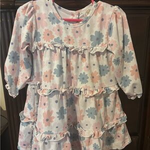 Little Bear Smocks Girls Floral Ruffle Dress in Pink & Light Blue